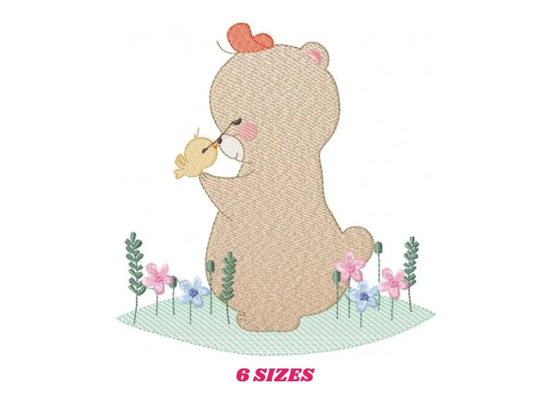 Bear with bird embroidery designs - Baby girl embroidery design machine embroidery pattern - Bear with flowers embroidery - instant download Marcia Embroidery