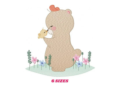 Bear with bird embroidery designs - Baby girl embroidery design machine embroidery pattern - Bear with flowers embroidery - instant download Marcia Embroidery