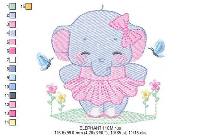 Elephant with tutu embroidery designs - Animal Ballerina with flowers machine embroidery pattern - Baby girl file - Instant download pes jef