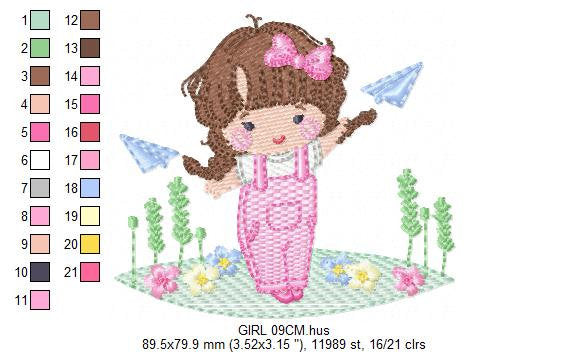 Baby girl with overalls embroidery designs - Children playing with paper planes embroidery machine embroidery pattern - Instant download jef