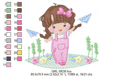 Baby girl with overalls embroidery designs - Children playing with paper planes embroidery machine embroidery pattern - Instant download jef