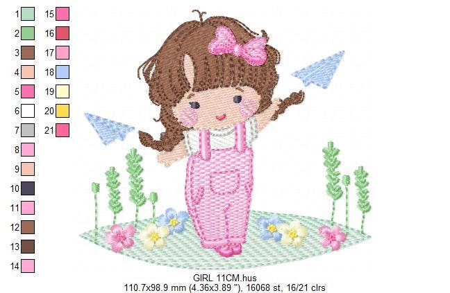 Baby girl with overalls embroidery designs - Children playing with paper planes embroidery machine embroidery pattern - Instant download jef