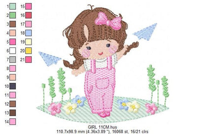 Baby girl with overalls embroidery designs - Children playing with paper planes embroidery machine embroidery pattern - Instant download jef