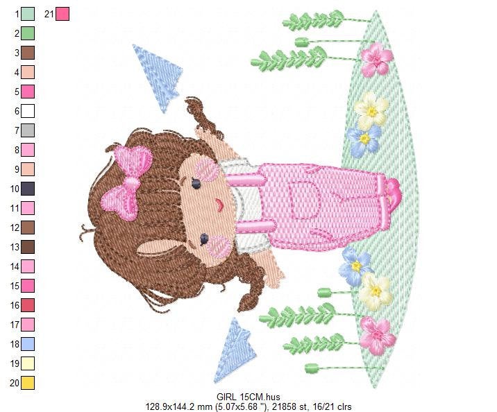 Baby girl with overalls embroidery designs - Children playing with paper planes embroidery machine embroidery pattern - Instant download jef