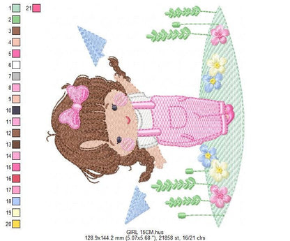 Baby girl with overalls embroidery designs - Children playing with paper planes embroidery machine embroidery pattern - Instant download jef