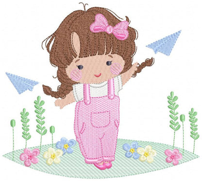 Baby girl with overalls embroidery designs - Children playing with paper planes embroidery machine embroidery pattern - Instant download jef