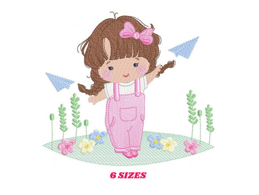 Baby girl with overalls embroidery designs - Children playing with paper planes embroidery machine embroidery pattern - Instant download jef