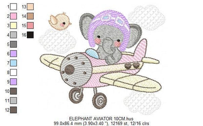Elephant embroidery designs - Plane machine embroidery pattern - Safari Animal boy embroidery - Pilot aviator - Instant download pes jef dst