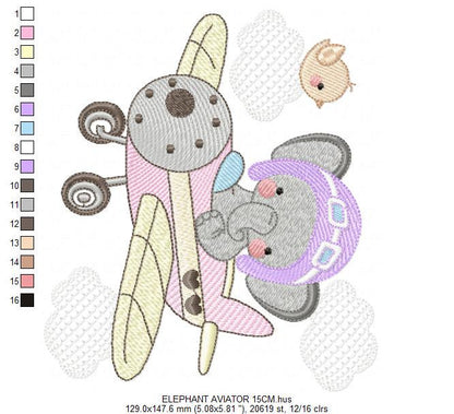 Elephant embroidery designs - Plane machine embroidery pattern - Safari Animal boy embroidery - Pilot aviator - Instant download pes jef dst