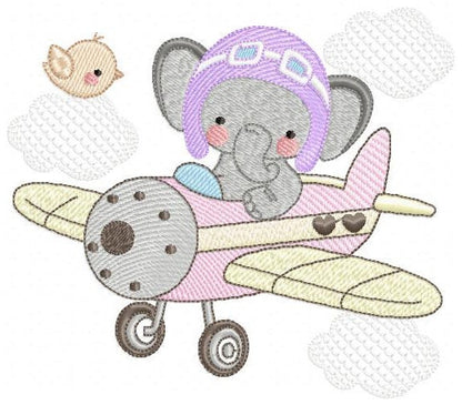 Elephant embroidery designs - Plane machine embroidery pattern - Safari Animal boy embroidery - Pilot aviator - Instant download pes jef dst