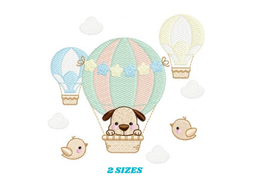 Dog embroidery designs - Hot air balloon embroidery design machine embroidery pattern - Animal embroidery file - instant download dog birds
