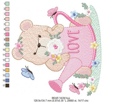 Female Bear embroidery designs - Teddy embroidery design machine embroidery pattern - baby girl embroidery file - spring summer garden water