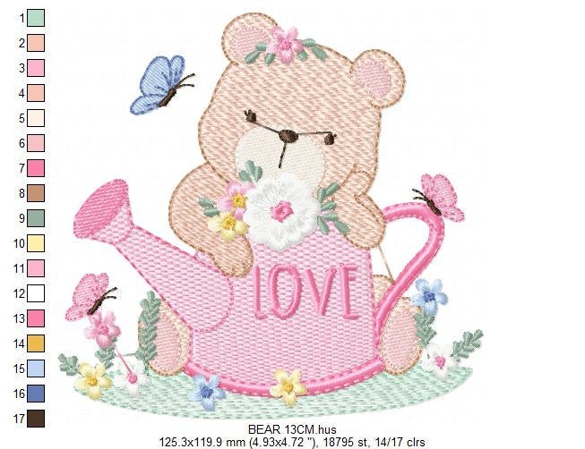 Female Bear embroidery designs - Teddy embroidery design machine embroidery pattern - baby girl embroidery file - spring summer garden water