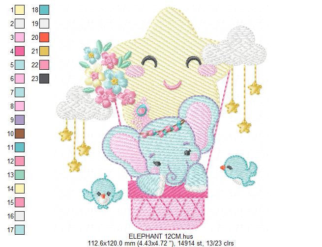 Elephant embroidery designs - Hot air balloon animal machine embroidery pattern - Baby Girl Elephant with birds flowers - Instant download