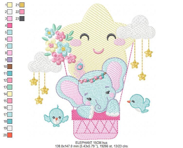 Elephant embroidery designs - Hot air balloon animal machine embroidery pattern - Baby Girl Elephant with birds flowers - Instant download
