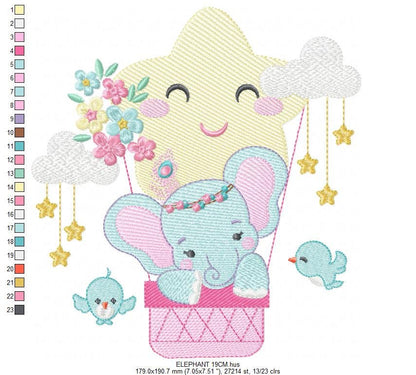 Elephant embroidery designs - Hot air balloon animal machine embroidery pattern - Baby Girl Elephant with birds flowers - Instant download
