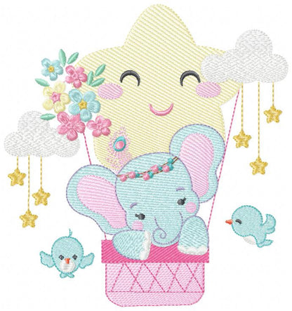 Elephant embroidery designs - Hot air balloon animal machine embroidery pattern - Baby Girl Elephant with birds flowers - Instant download