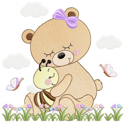Hugging Bear embroidery designs - Female bear with little bee machine embroidery pattern - Bear with bee embroidery file - Instant download
