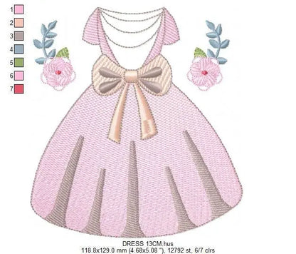 Princess ball dress embroidery designs - Gown machine embroidery pattern - Baby girl file - Pink Ball Dress with flowers - Instant download Marcia Embroidery