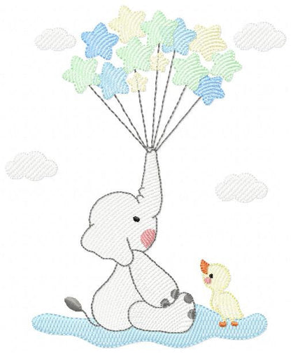 Elephant with stars balloons embroidery designs - Safari Wild Animal machine embroidery pattern - Baby boy file - Instant digital download