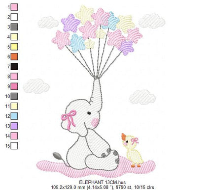 Elephant embroidery designs - Animal embroidery design machine embroidery pattern - Baby girl embroidery file - elephant with balloons sky