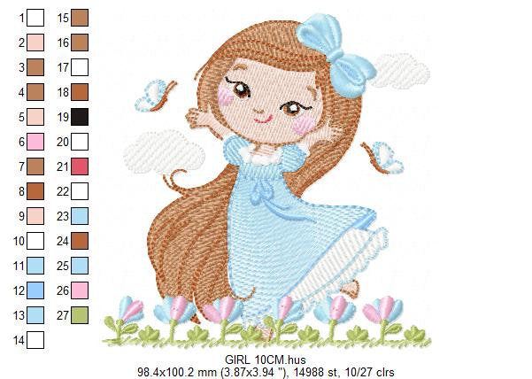 Princess embroidery designs - Girl with long hair and flowers machine embroidery pattern - Girl with lace and butterflies - Instant download