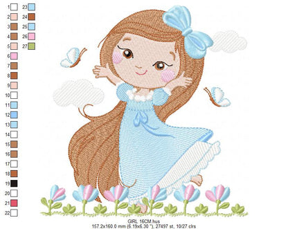 Princess embroidery designs - Girl with long hair and flowers machine embroidery pattern - Girl with lace and butterflies - Instant download