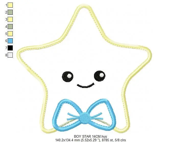 Star applique embroidery design - Baby girl and boy machine embroidery pattern - Star with bow tie and lace design - Instant download pes Marcia Embroidery