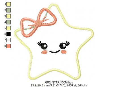 Star applique embroidery design - Baby girl and boy machine embroidery pattern - Star with bow tie and lace design - Instant download pes Marcia Embroidery