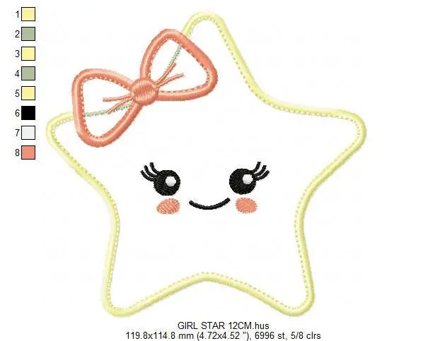 Star applique embroidery design - Baby girl and boy machine embroidery pattern - Star with bow tie and lace design - Instant download pes Marcia Embroidery