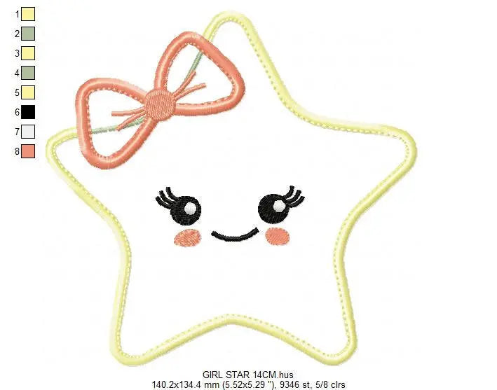 Star applique embroidery design - Baby girl and boy machine embroidery pattern - Star with bow tie and lace design - Instant download pes Marcia Embroidery