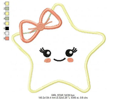 Star applique embroidery design - Baby girl and boy machine embroidery pattern - Star with bow tie and lace design - Instant download pes Marcia Embroidery
