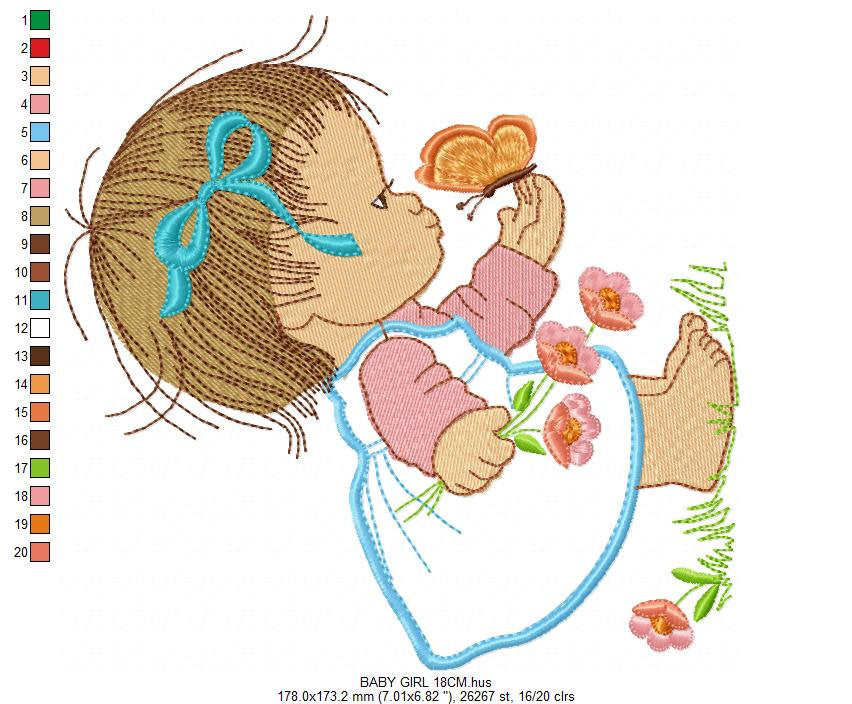 Baby girl embroidery designs - Toddler embroidery design machine embroidery pattern - girl with butterfly embroidery file - instant download