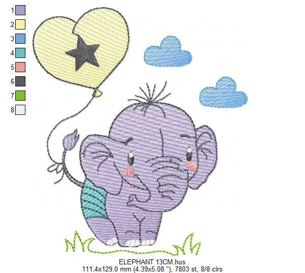 Elephant embroidery designs - Animal embroidery design machine embroidery pattern - Baby boy embroidery file - elephant with balloons sky Marcia Embroidery