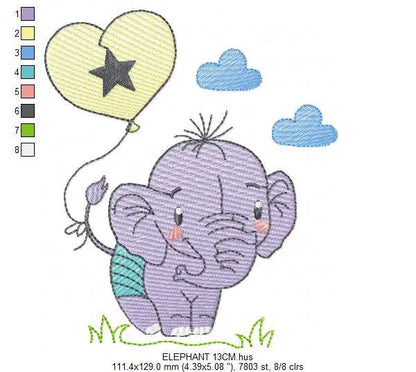 Elephant embroidery designs - Animal embroidery design machine embroidery pattern - Baby boy embroidery file - elephant with balloons sky Marcia Embroidery