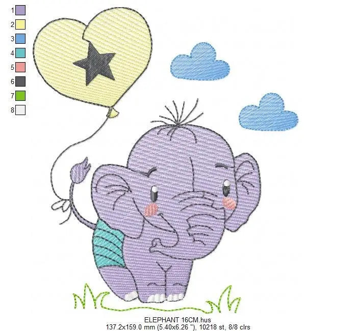 Elephant embroidery designs - Animal embroidery design machine embroidery pattern - Baby boy embroidery file - elephant with balloons sky Marcia Embroidery