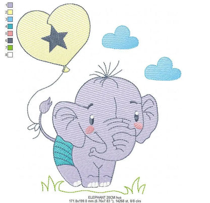 Elephant embroidery designs - Animal embroidery design machine embroidery pattern - Baby boy embroidery file - elephant with balloons sky Marcia Embroidery