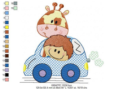 Animal in a car embroidery design - Giraffe and boy machine embroidery pattern - Baby boy embroidery file - Giraffe car - Instant download