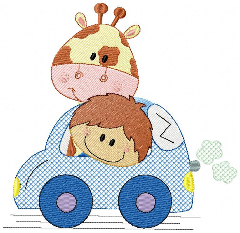 Animal in a car embroidery design - Giraffe and boy machine embroidery pattern - Baby boy embroidery file - Giraffe car - Instant download