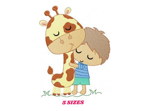 Baby Boy hugging Giraffe embroidery design - Wild Animal embroidery designs machine embroidery pattern - Boy with giraffe - instant download