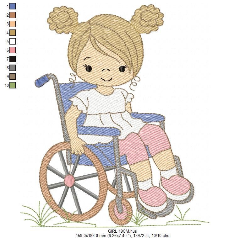 Wheelchair girl embroidery design - Special needs embroidery designs machine embroidery pattern - Kid embroidery file - acessibility  design