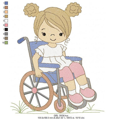 Wheelchair girl embroidery design - Special needs embroidery designs machine embroidery pattern - Kid embroidery file - acessibility  design