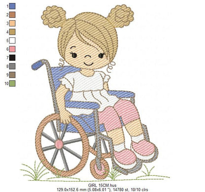 Wheelchair girl embroidery design - Special needs embroidery designs machine embroidery pattern - Kid embroidery file - acessibility  design
