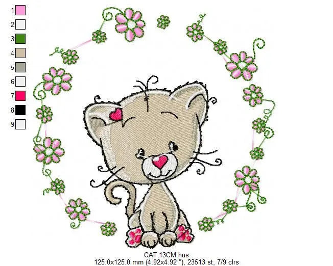 Cat embroidery design - Cat with flowers machine embroidery pattern - Kitten embroidery file - Baby girl file - Instant digital download pes Marcia Embroidery