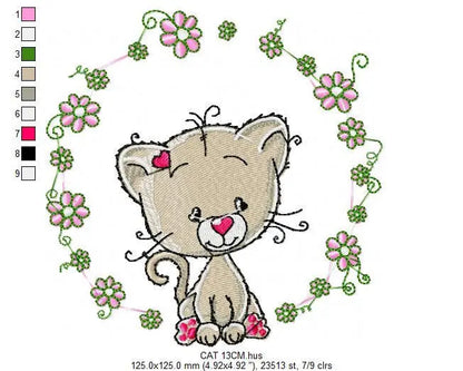 Cat embroidery design - Cat with flowers machine embroidery pattern - Kitten embroidery file - Baby girl file - Instant digital download pes Marcia Embroidery