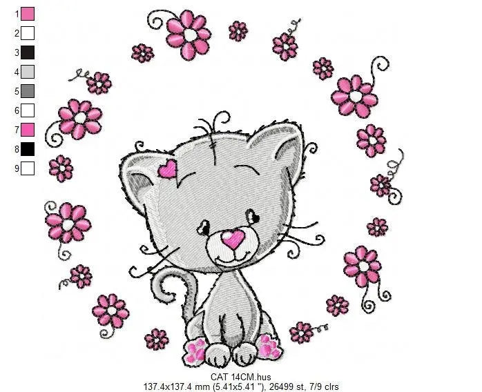 Cat embroidery design - Cat with flowers machine embroidery pattern - Kitten embroidery file - Baby girl file - Instant digital download pes Marcia Embroidery