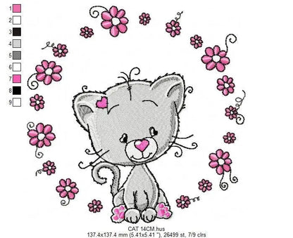 Cat embroidery design - Cat with flowers machine embroidery pattern - Kitten embroidery file - Baby girl file - Instant digital download pes Marcia Embroidery