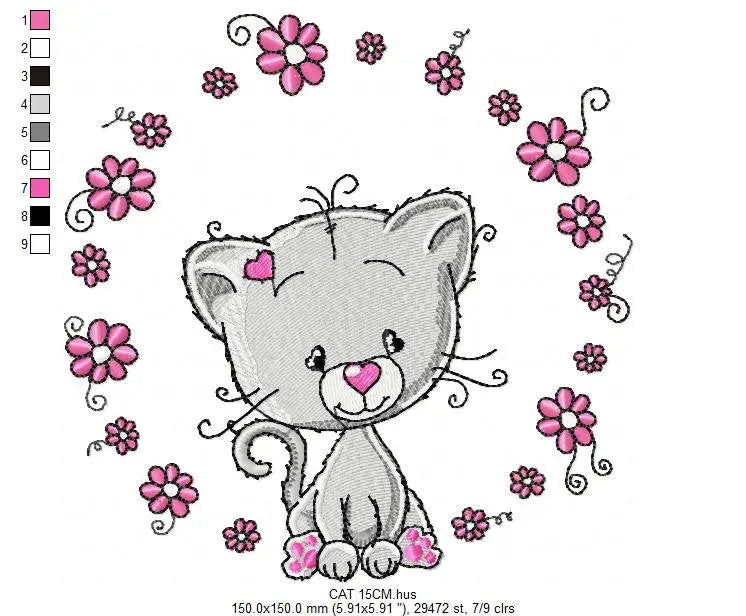 Cat embroidery design - Cat with flowers machine embroidery pattern - Kitten embroidery file - Baby girl file - Instant digital download pes Marcia Embroidery