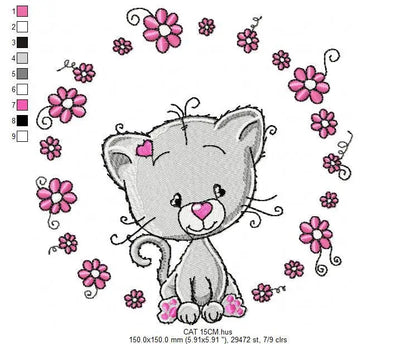 Cat embroidery design - Cat with flowers machine embroidery pattern - Kitten embroidery file - Baby girl file - Instant digital download pes Marcia Embroidery