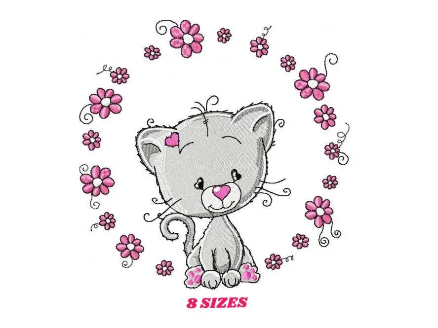 Cat embroidery design - Cat with flowers machine embroidery pattern - Kitten embroidery file - Baby girl file - Instant digital download pes Marcia Embroidery